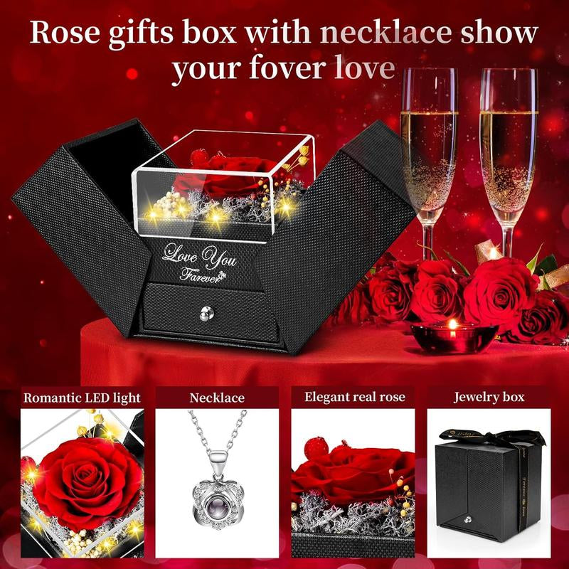 Eternal Rose & "I Love You" Necklace Gift Set - Preserved Red Rose in Heart Box, Valentine‘S Day Gift for Her, Wife, Girlfriend