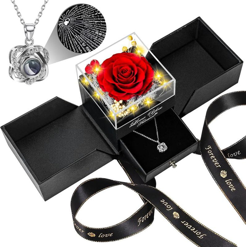 Eternal Rose & "I Love You" Necklace Gift Set - Preserved Red Rose in Heart Box, Valentine‘S Day Gift for Her, Wife, Girlfriend